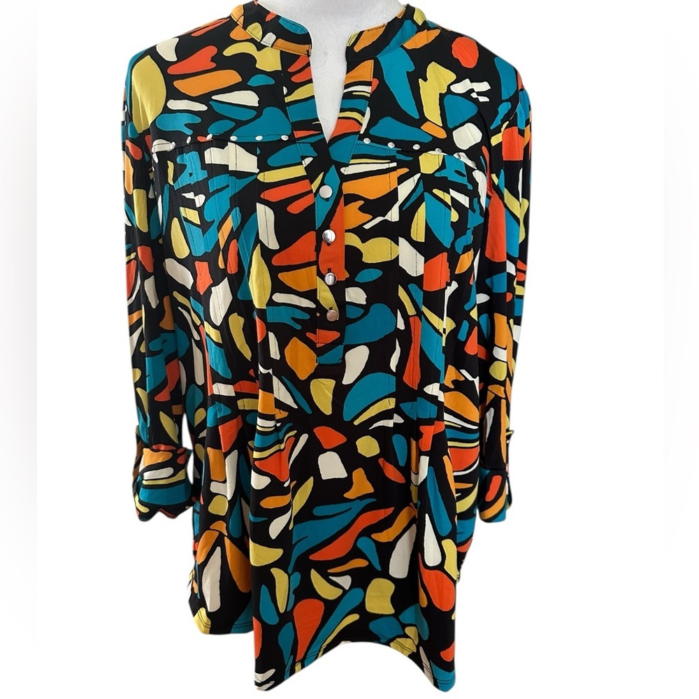 COCOMO XL Multicolor Studded 3/4 sleeve women's Pintuck Blouse